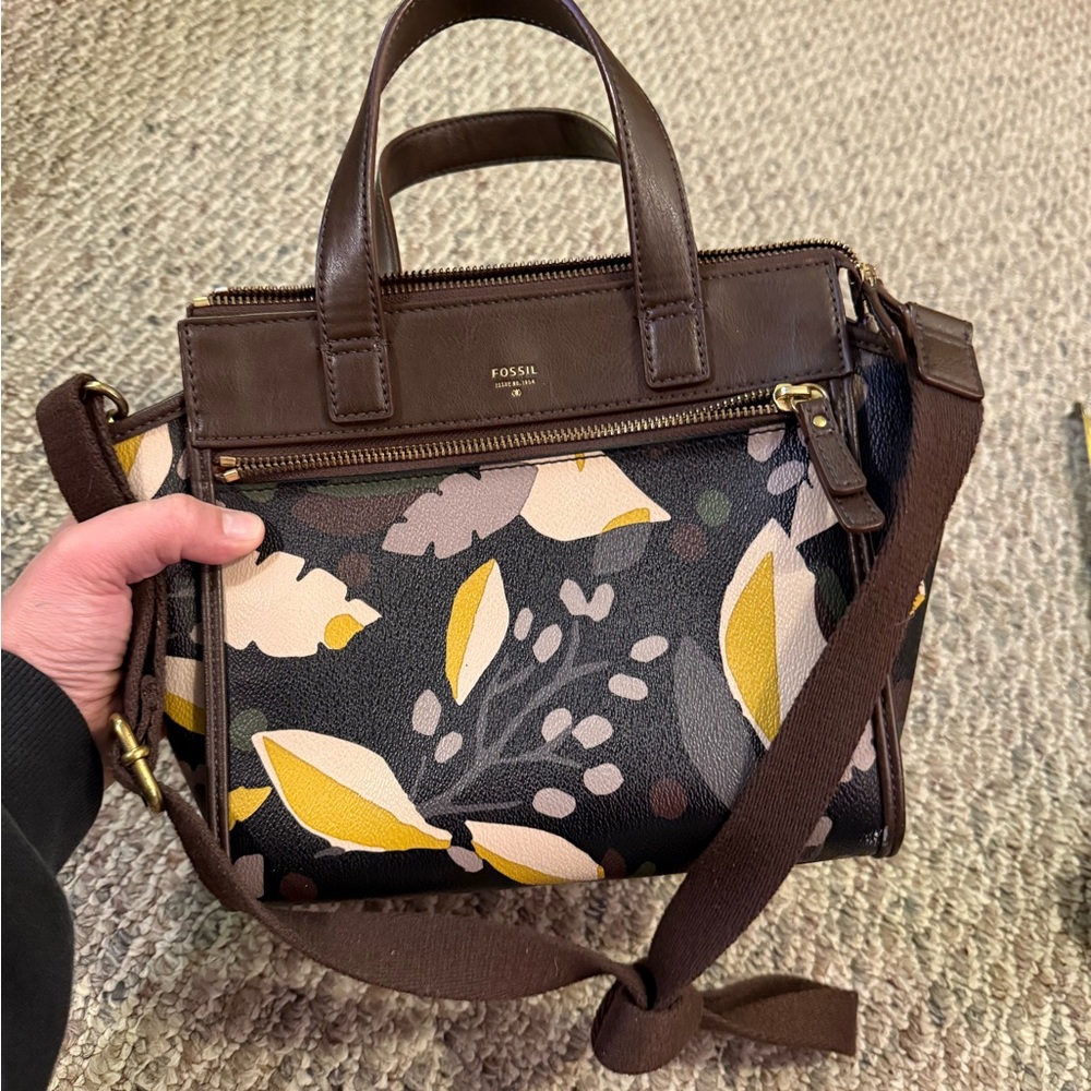 Like New Faux Leather Fossil Leaf/Nature Patterned Shoulder Bag